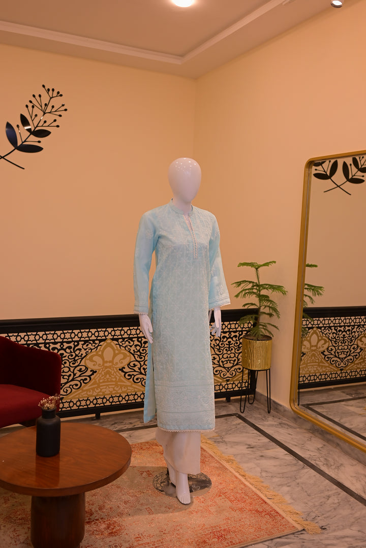 Stitched Chickenkari (Lawn) Kurta-Sky Blue