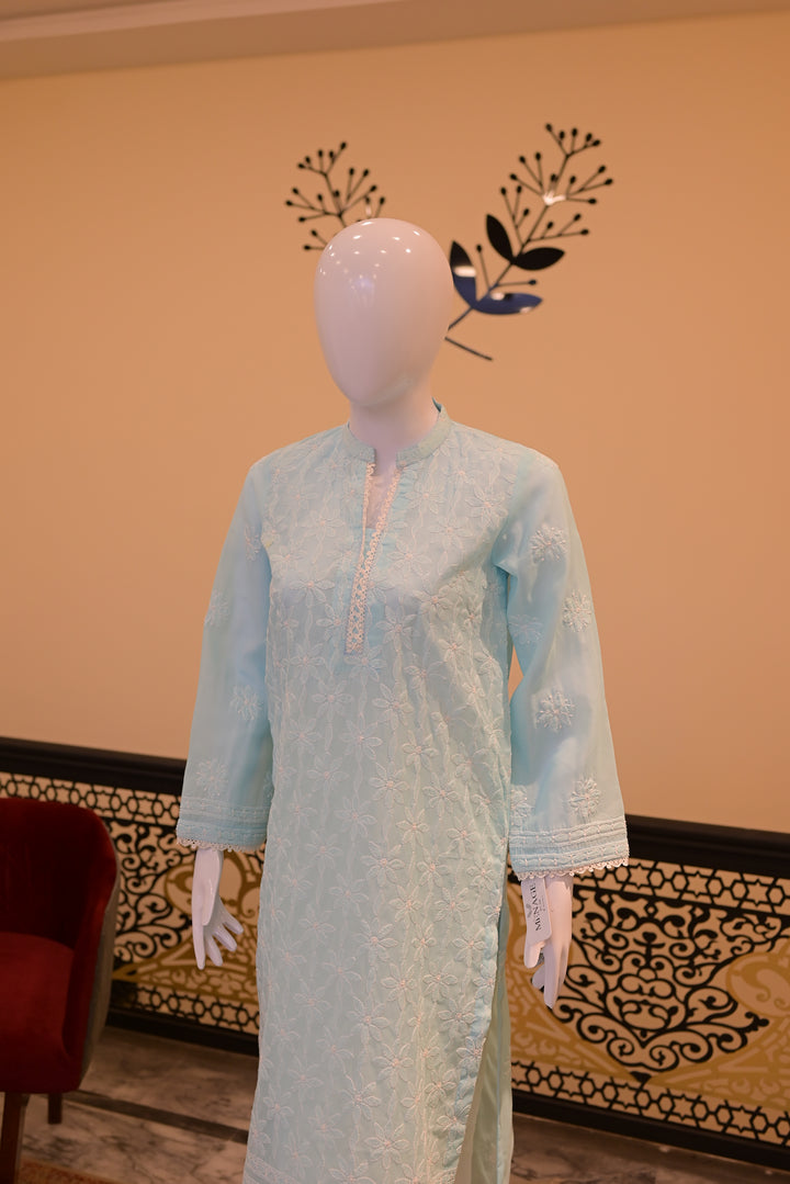 Stitched Chickenkari (Lawn) Kurta-Sky Blue