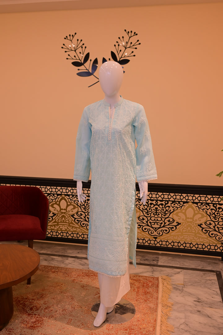 Stitched Chickenkari (Lawn) Kurta-Sky Blue