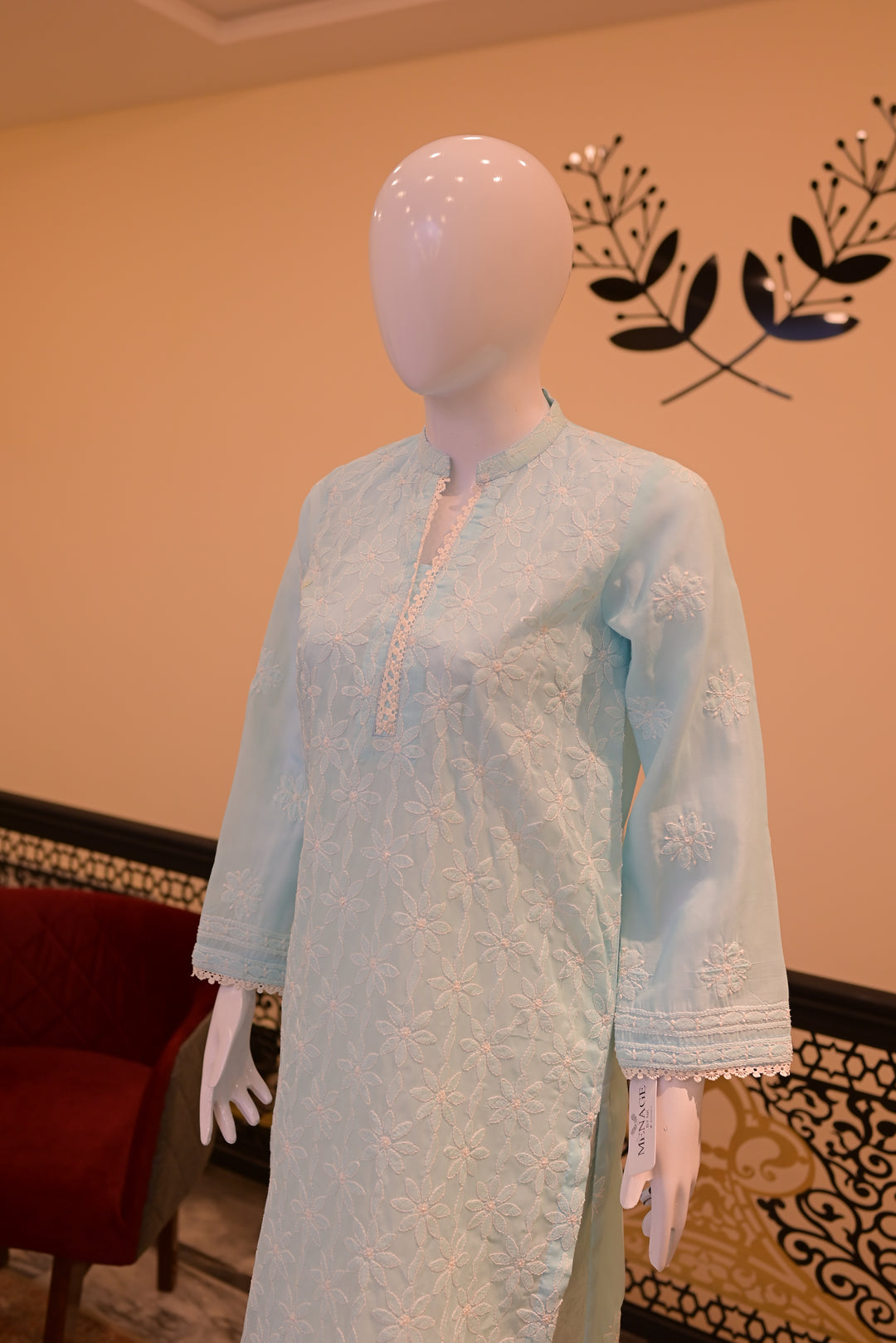 Stitched Chickenkari (Lawn) Kurta-Sky Blue
