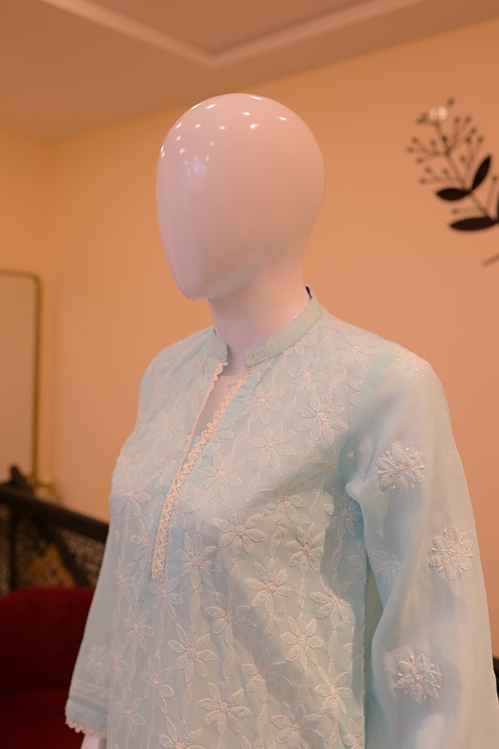 Stitched Chickenkari (Lawn) Kurta-Sky Blue