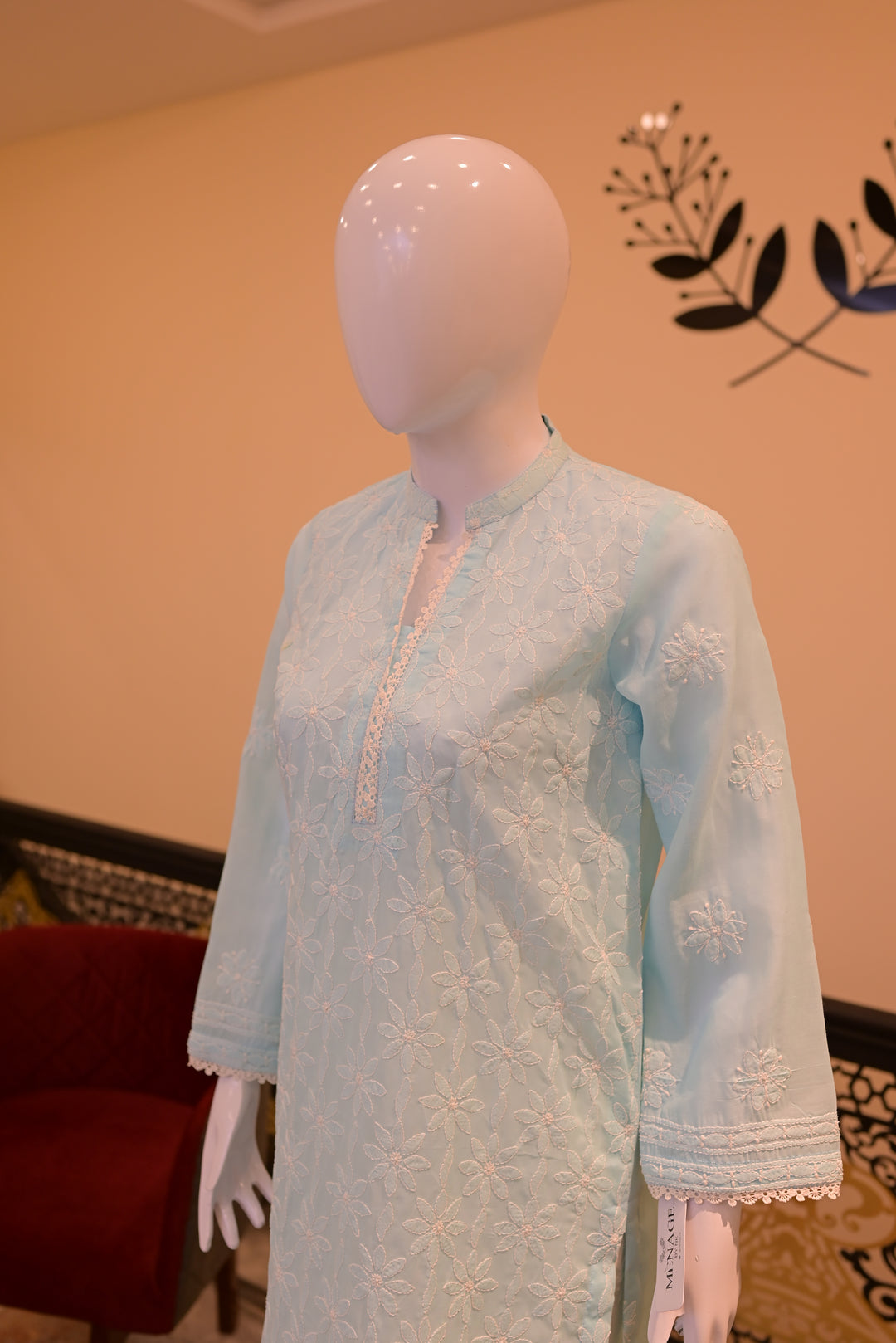 Stitched Chickenkari (Lawn) Kurta-Sky Blue