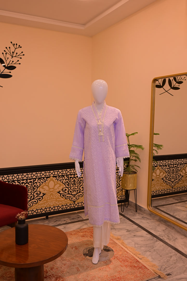 Stitched Chickenkari(Lawn) Kurta-lilac