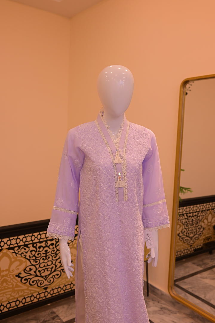 Stitched Chickenkari(Lawn) Kurta-lilac