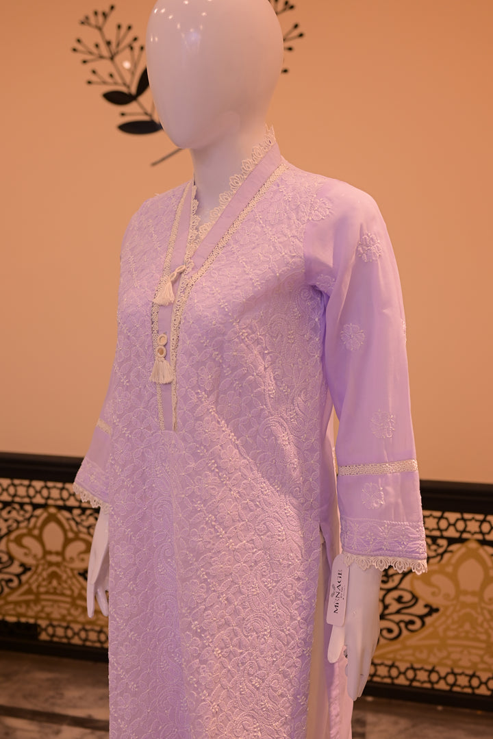 Stitched Chickenkari(Lawn) Kurta-lilac