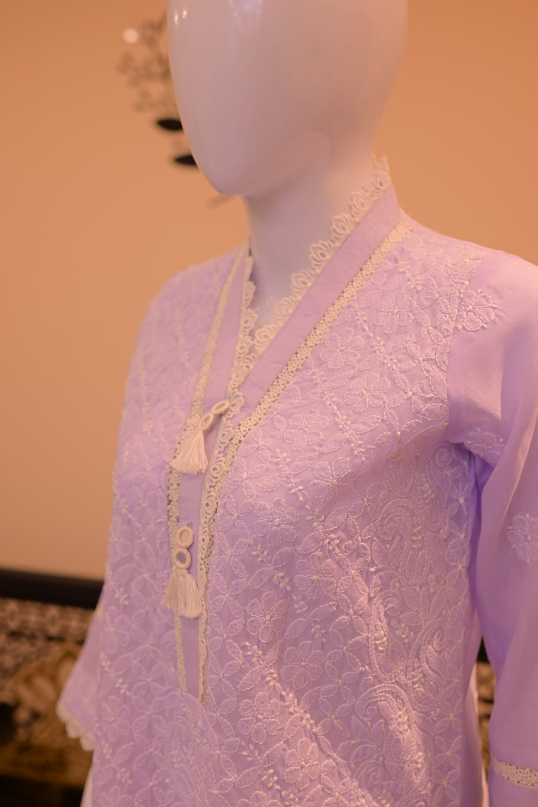 Stitched Chickenkari(Lawn) Kurta-lilac