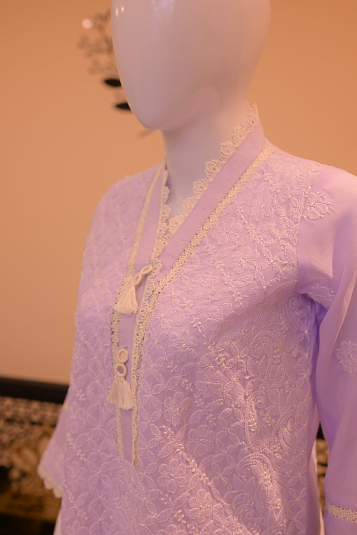 Stitched Chickenkari(Lawn) Kurta-lilac