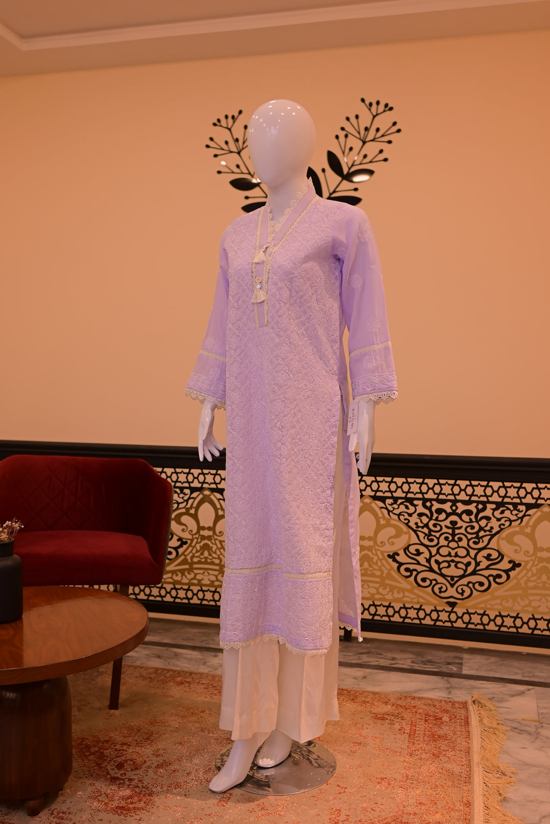 Stitched Chickenkari(Lawn) Kurta-lilac