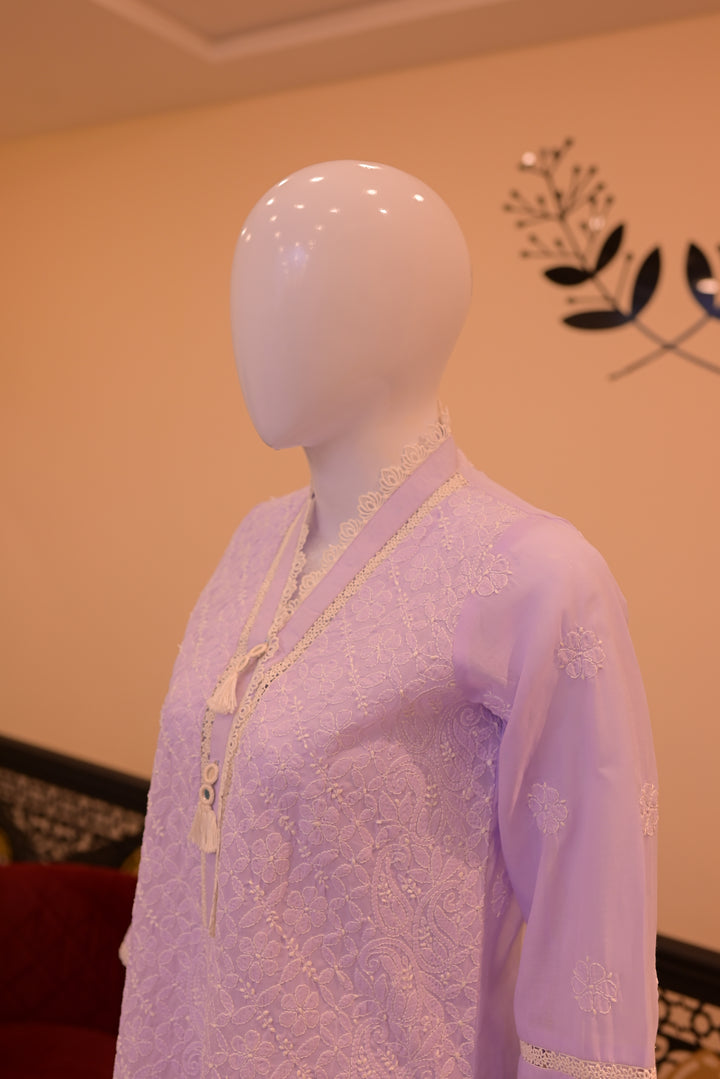 Stitched Chickenkari(Lawn) Kurta-lilac