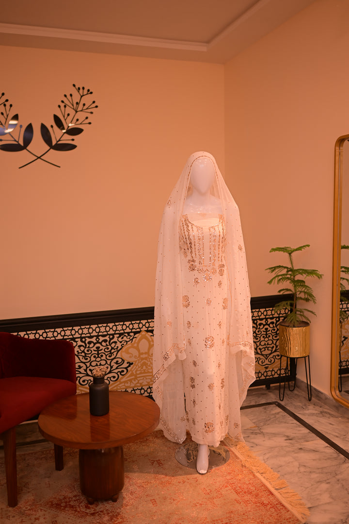 Unstiched Rose Gold Mukesh (chiffon) shirt+dupatta-white (dyeable)
