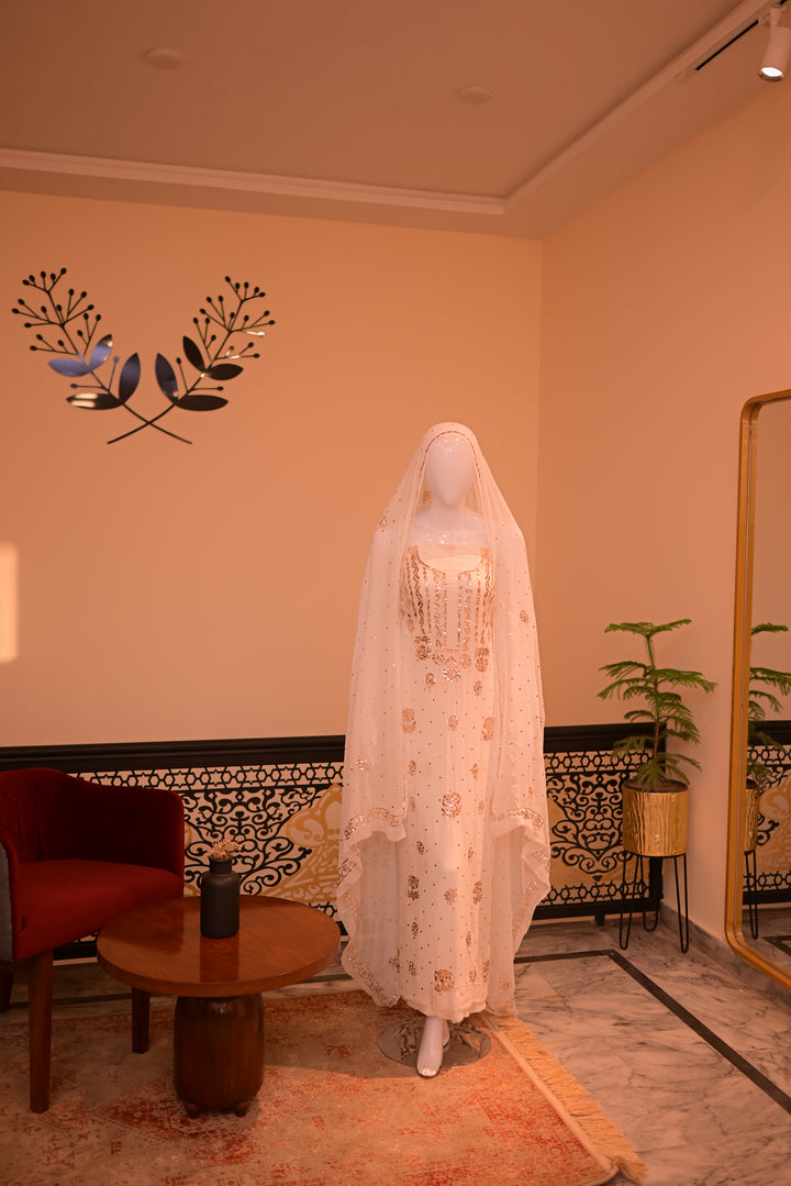 Unstiched Rose Gold Mukesh (chiffon) shirt+dupatta-white (dyeable)