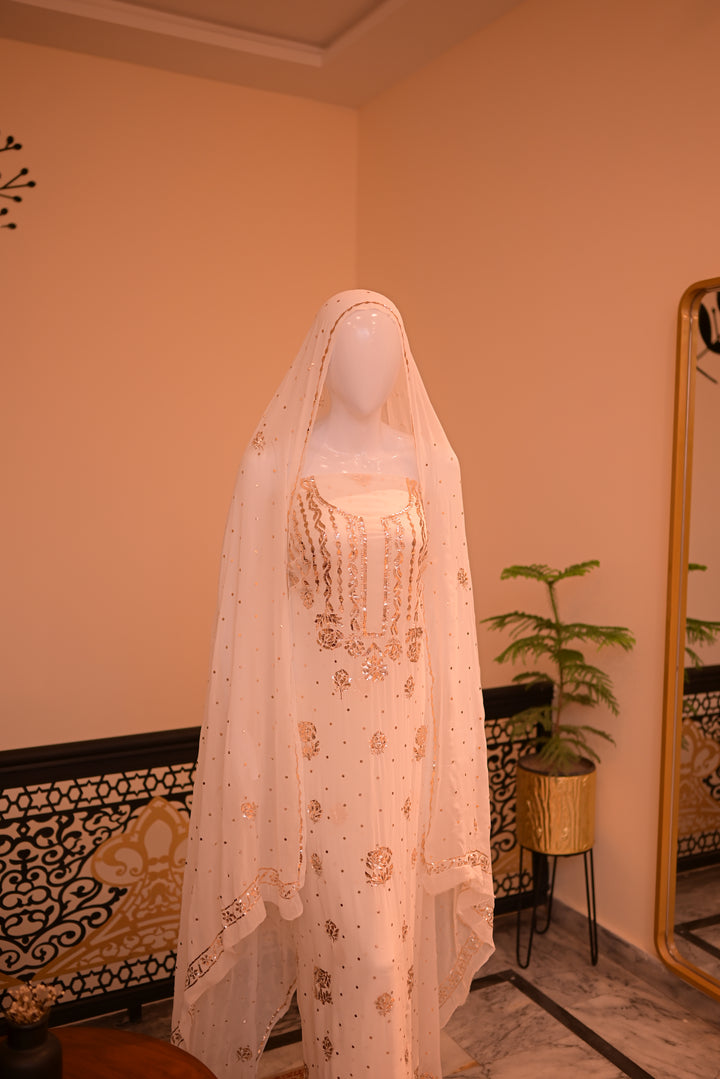 Unstiched Rose Gold Mukesh (chiffon) shirt+dupatta-white (dyeable)