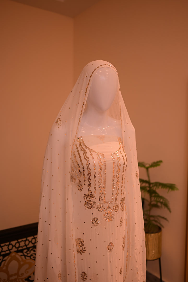 Unstiched Rose Gold Mukesh (chiffon) shirt+dupatta-white (dyeable)