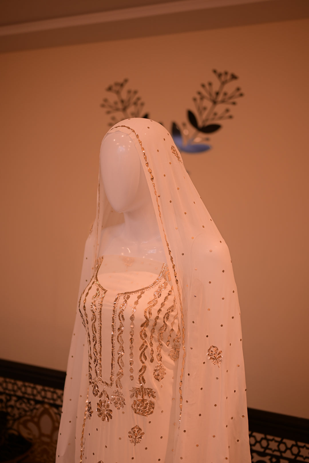 Unstiched Rose Gold Mukesh (chiffon) shirt+dupatta-white (dyeable)