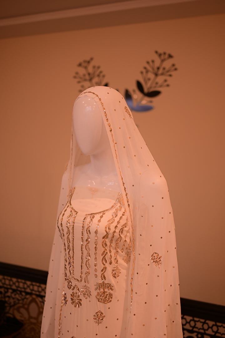 Unstiched Rose Gold Mukesh (chiffon) shirt+dupatta-white (dyeable)