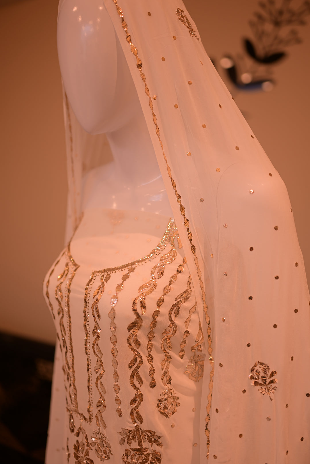 Unstiched Rose Gold Mukesh (chiffon) shirt+dupatta-white (dyeable)