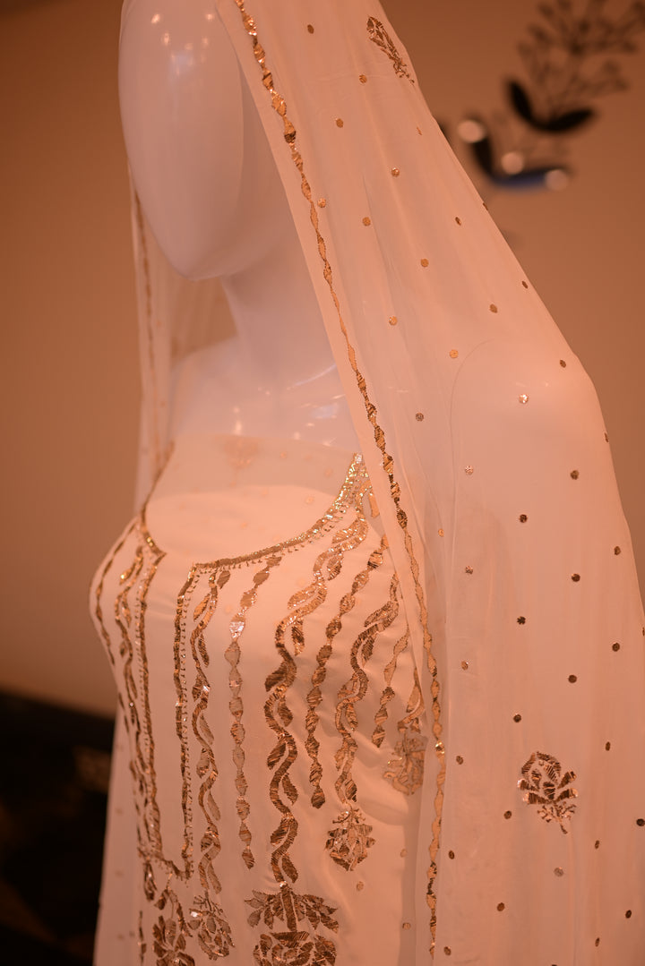 Unstiched Rose Gold Mukesh (chiffon) shirt+dupatta-white (dyeable)
