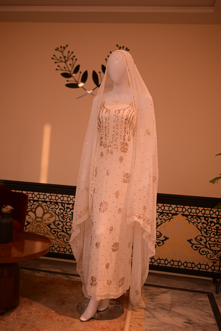 Unstiched Rose Gold Mukesh (chiffon) shirt+dupatta-white (dyeable)
