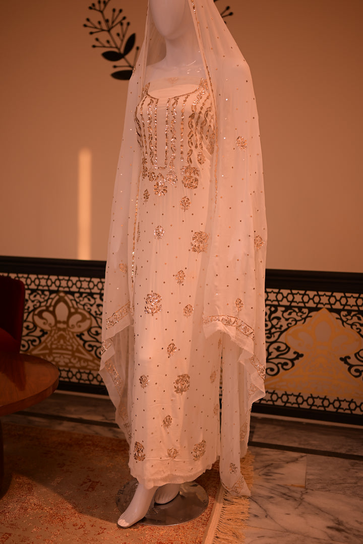 Unstiched Rose Gold Mukesh (chiffon) shirt+dupatta-white (dyeable)
