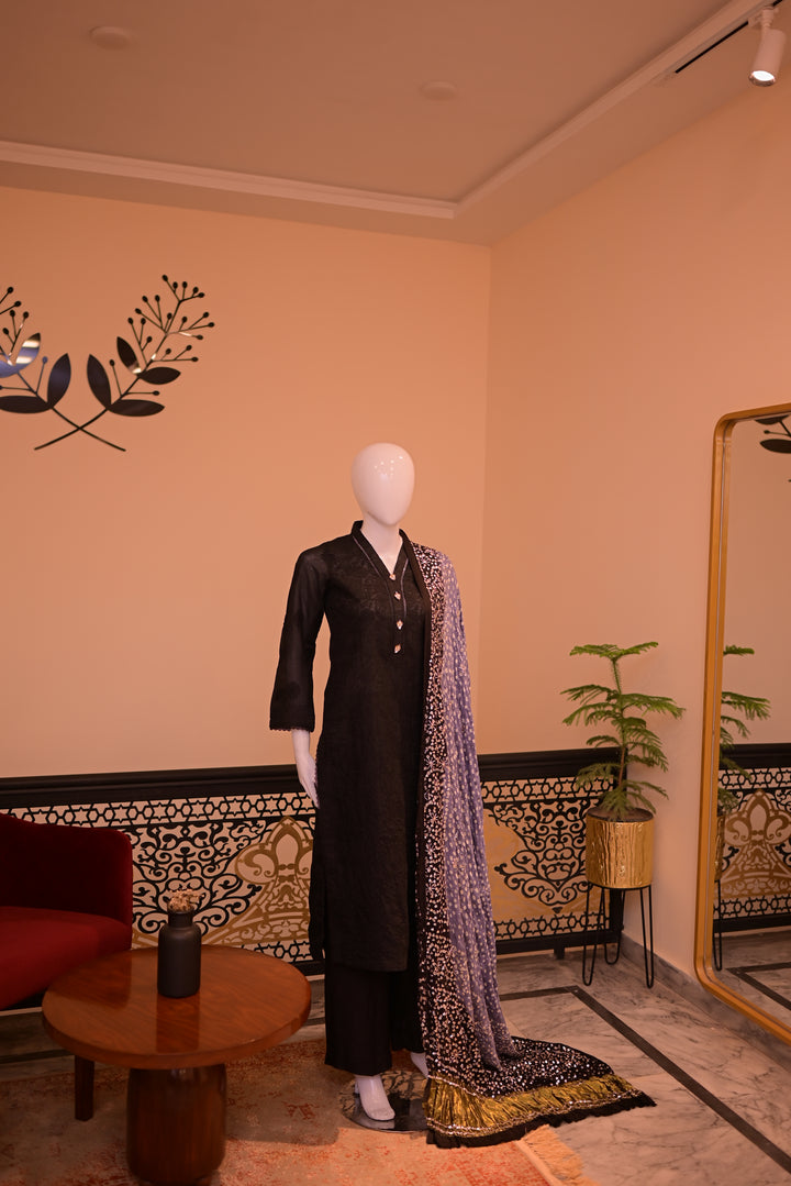 Stitched Chickenkari(Lawn) Kurta-black + Gaji Silk Shawl- Black