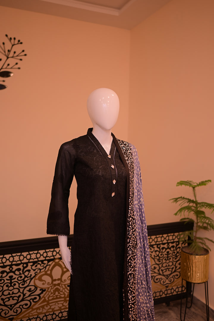 Stitched Chickenkari(Lawn) Kurta-black + Gaji Silk Shawl- Black