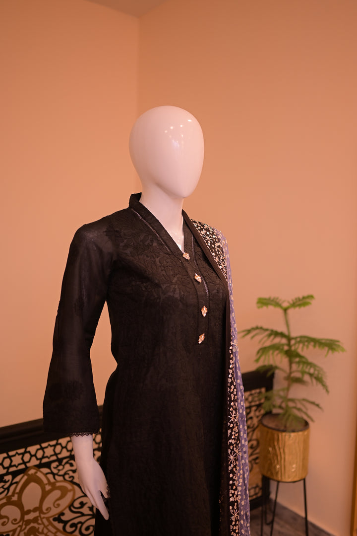 Stitched Chickenkari(Lawn) Kurta-black + Gaji Silk Shawl- Black