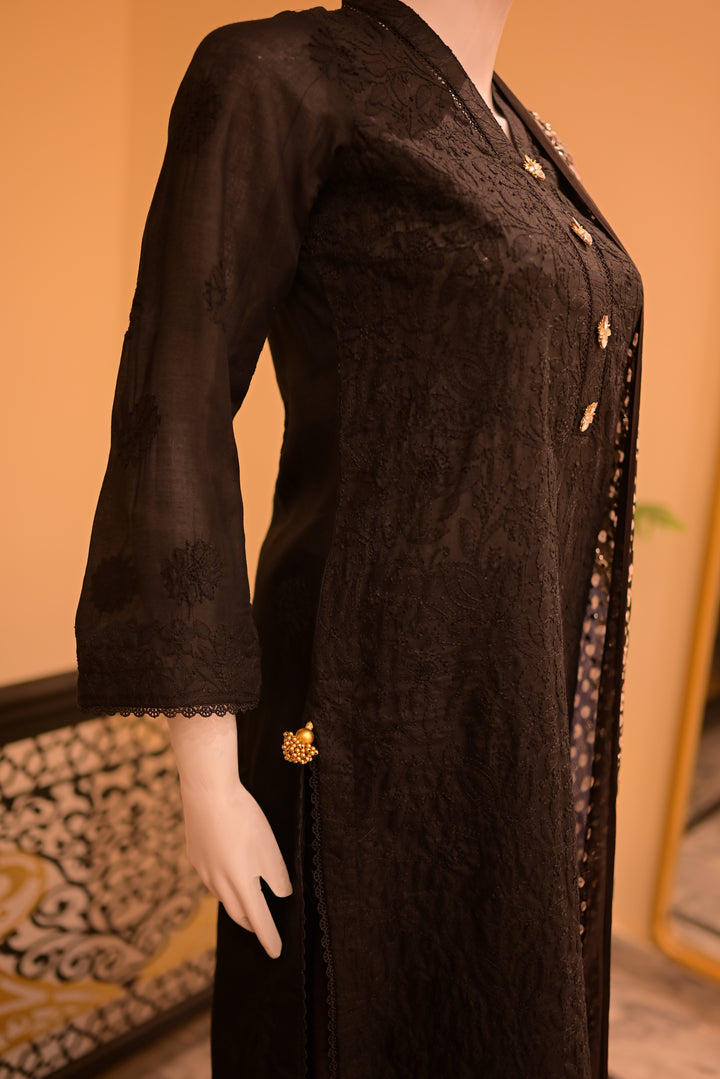 Stitched Chickenkari(Lawn) Kurta-black + Gaji Silk Shawl- Black