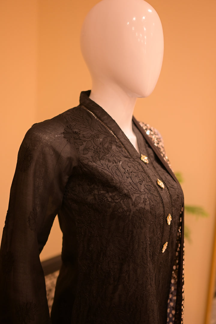 Stitched Chickenkari(Lawn) Kurta-black + Gaji Silk Shawl- Black