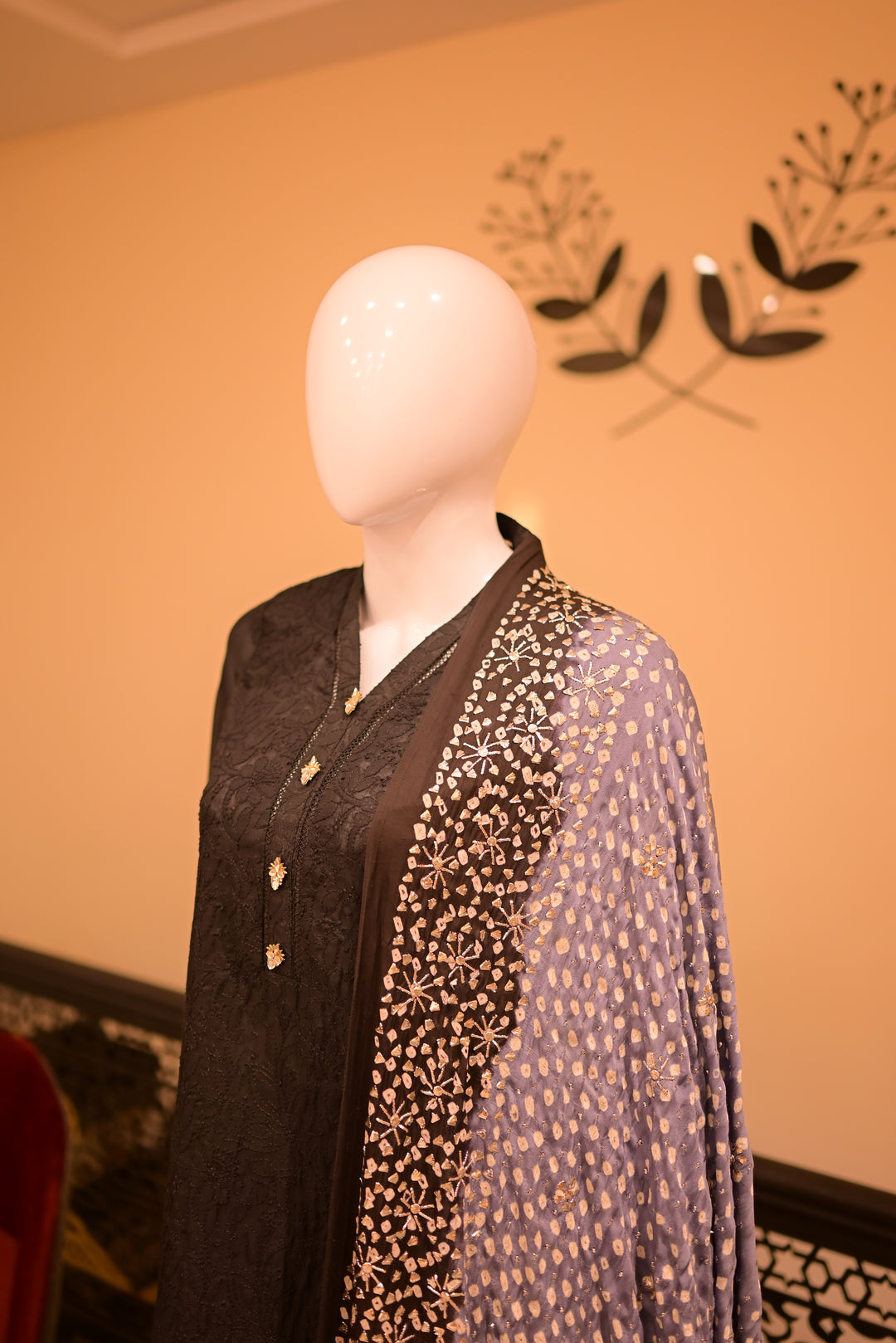 Stitched Chickenkari(Lawn) Kurta-black + Gaji Silk Shawl- Black
