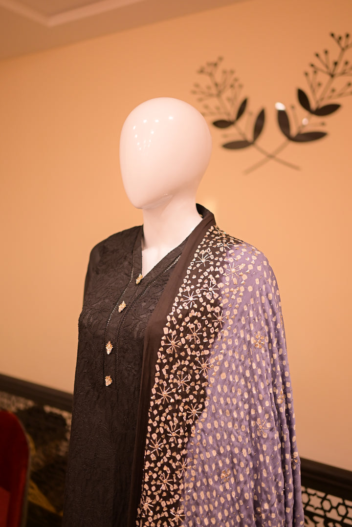 Stitched Chickenkari(Lawn) Kurta-black + Gaji Silk Shawl- Black