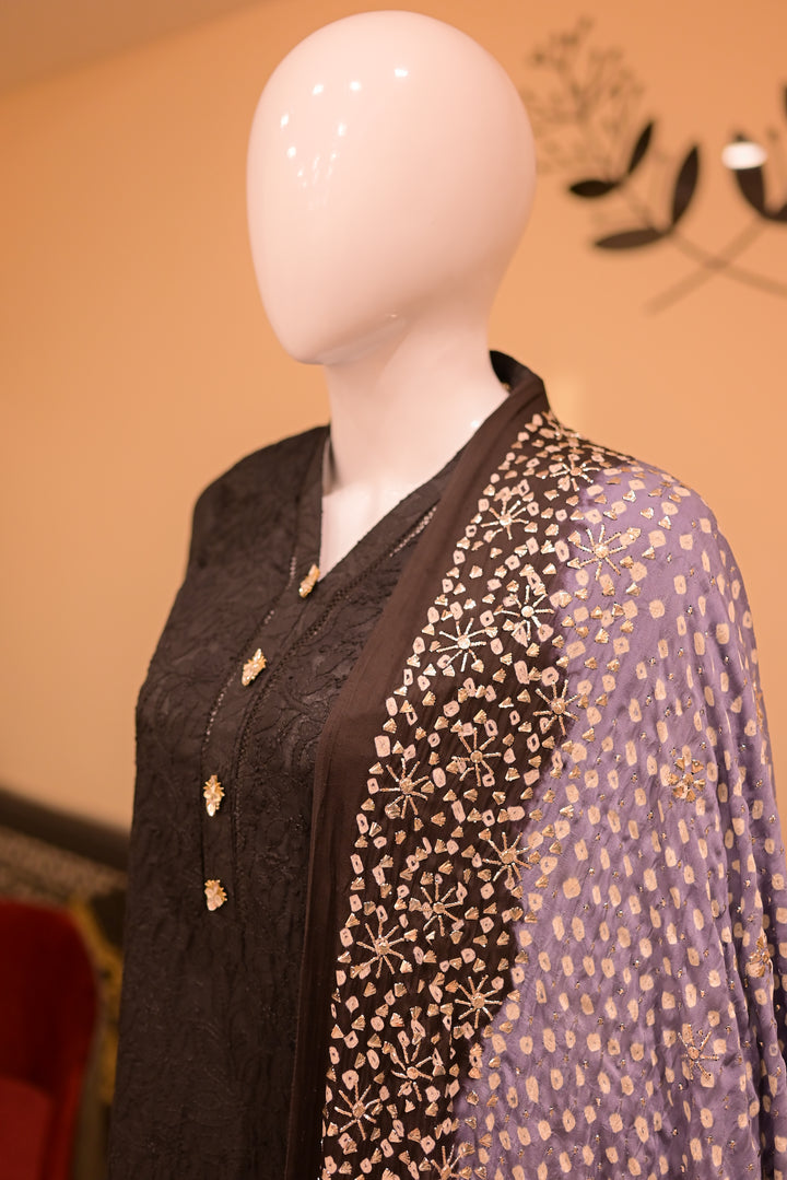 Stitched Chickenkari(Lawn) Kurta-black + Gaji Silk Shawl- Black