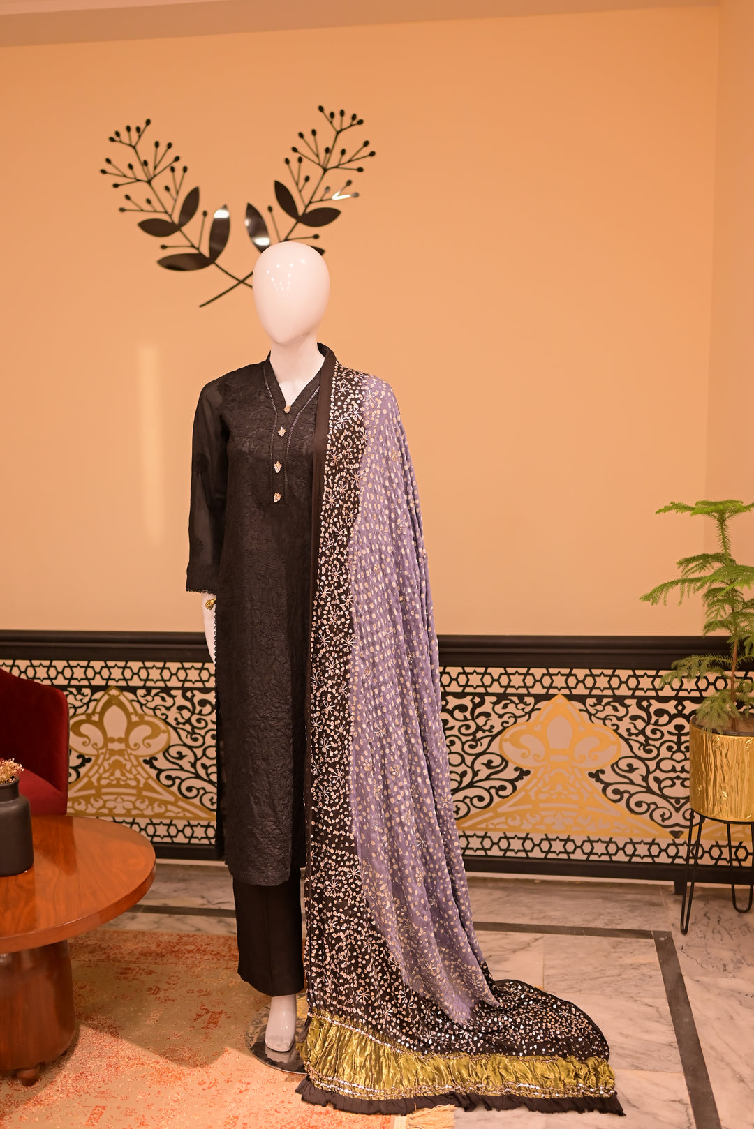 Stitched Chickenkari(Lawn) Kurta-black + Gaji Silk Shawl- Black
