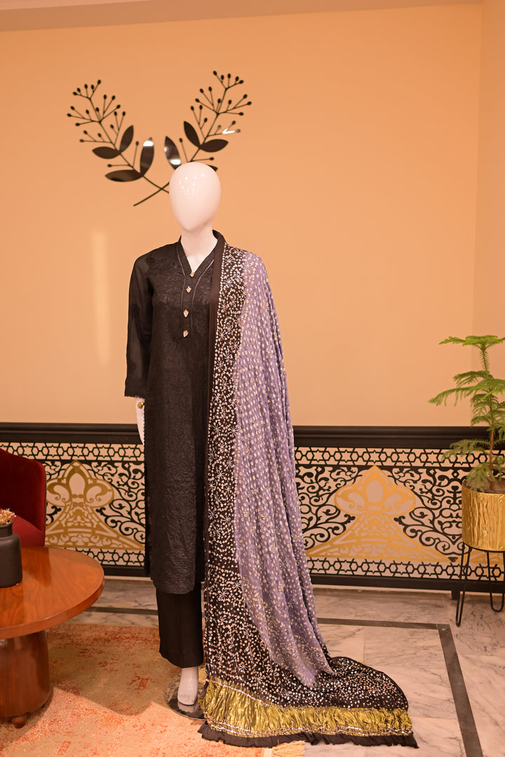 Stitched Chickenkari(Lawn) Kurta-black + Gaji Silk Shawl- Black