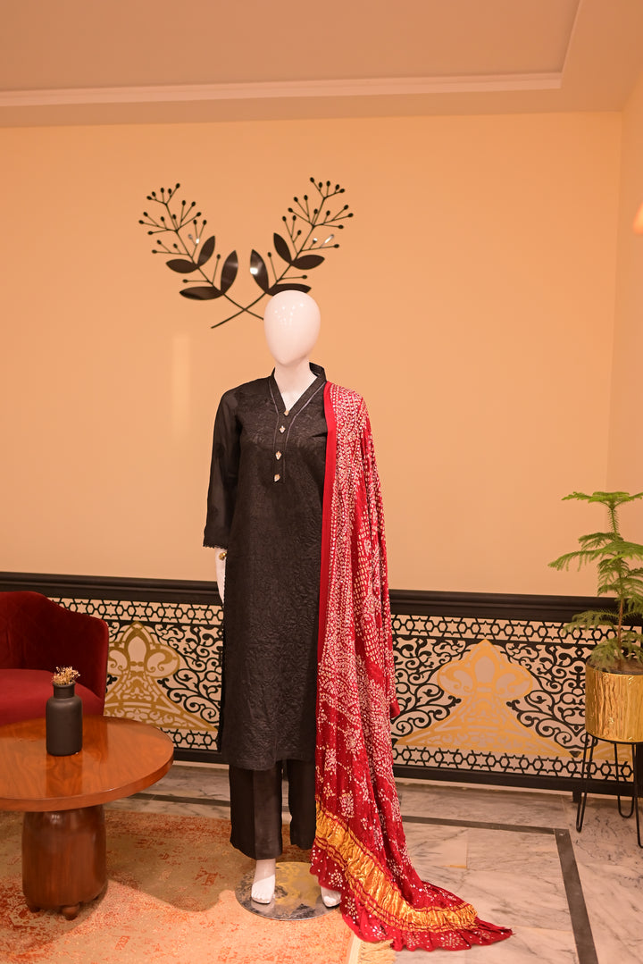 Stitched Chickenkari(Lawn) Kurta-black + Gaji Silk Shawl- Maroon