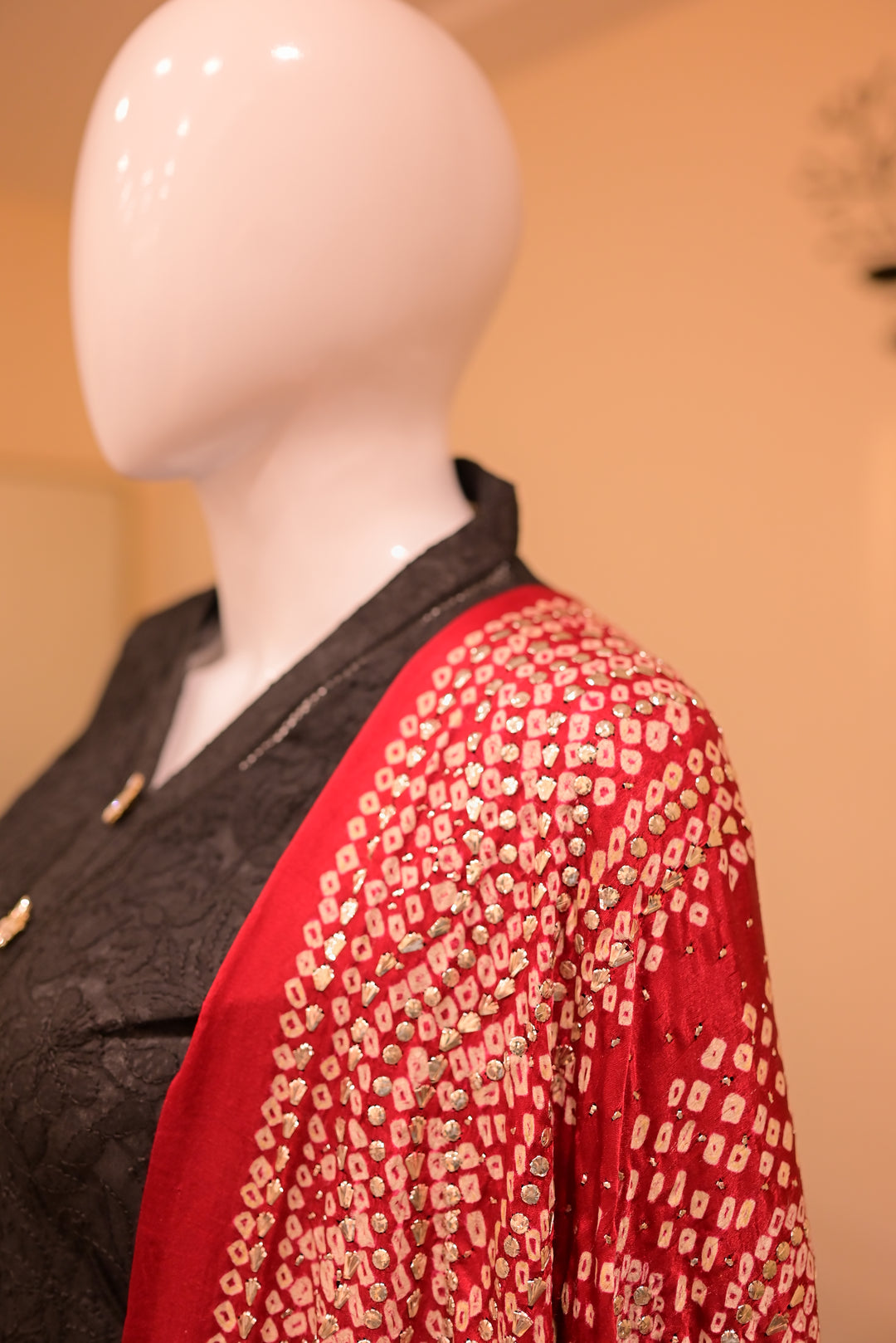 Stitched Chickenkari(Lawn) Kurta-black + Gaji Silk Shawl- Maroon
