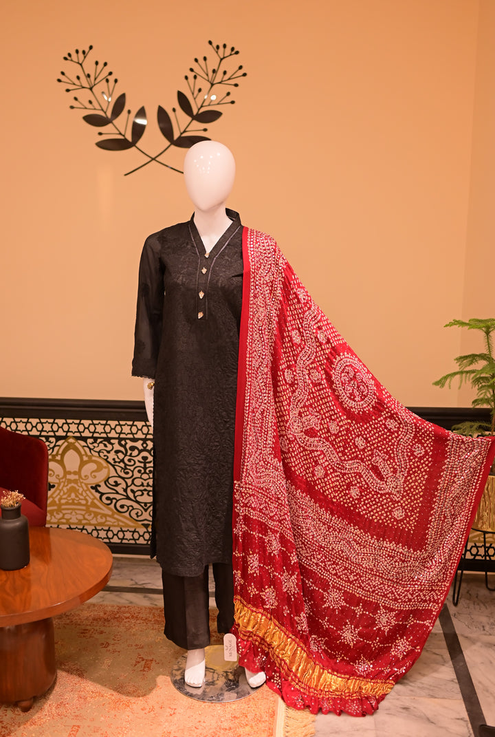 Stitched Chickenkari(Lawn) Kurta-black + Gaji Silk Shawl- Maroon