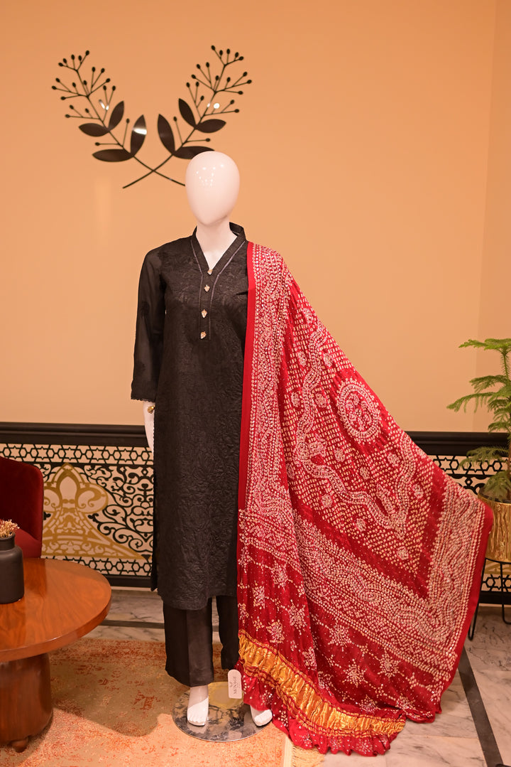 Stitched Chickenkari(Lawn) Kurta-black + Gaji Silk Shawl- Maroon