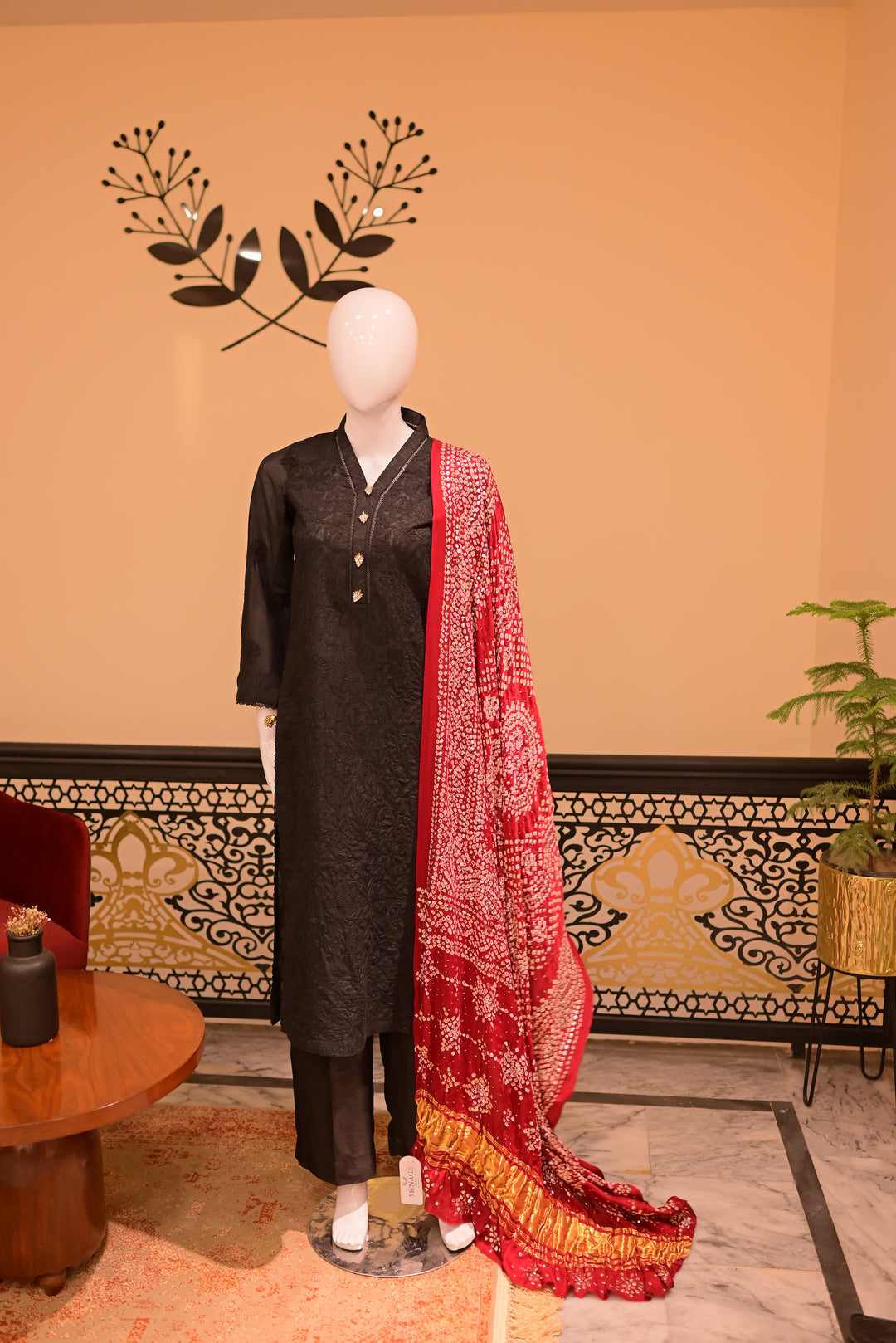 Stitched Chickenkari(Lawn) Kurta-black + Gaji Silk Shawl- Maroon