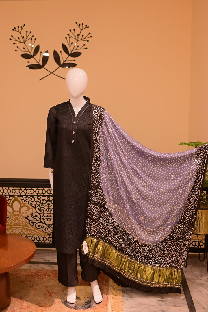 Stitched Chickenkari(Lawn) Kurta-black + Gaji Silk Shawl- Grey