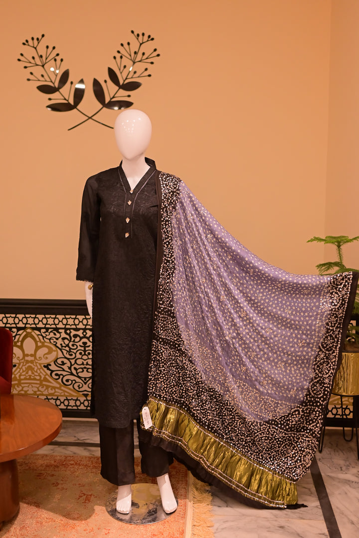 Stitched Chickenkari(Lawn) Kurta-black + Gaji Silk Shawl- Grey