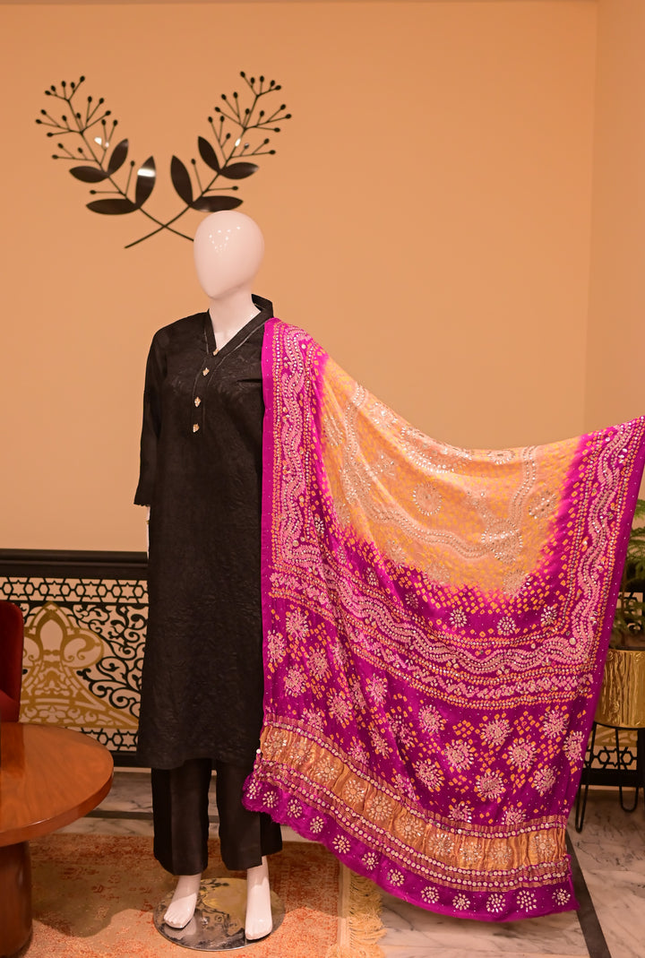 Stitched Chickenkari(Lawn) Kurta-black + Gaji Silk Shawl- Gold & Black