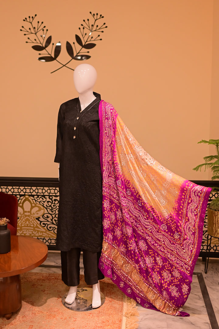 Stitched Chickenkari(Lawn) Kurta-black + Gaji Silk Shawl- Gold & Black