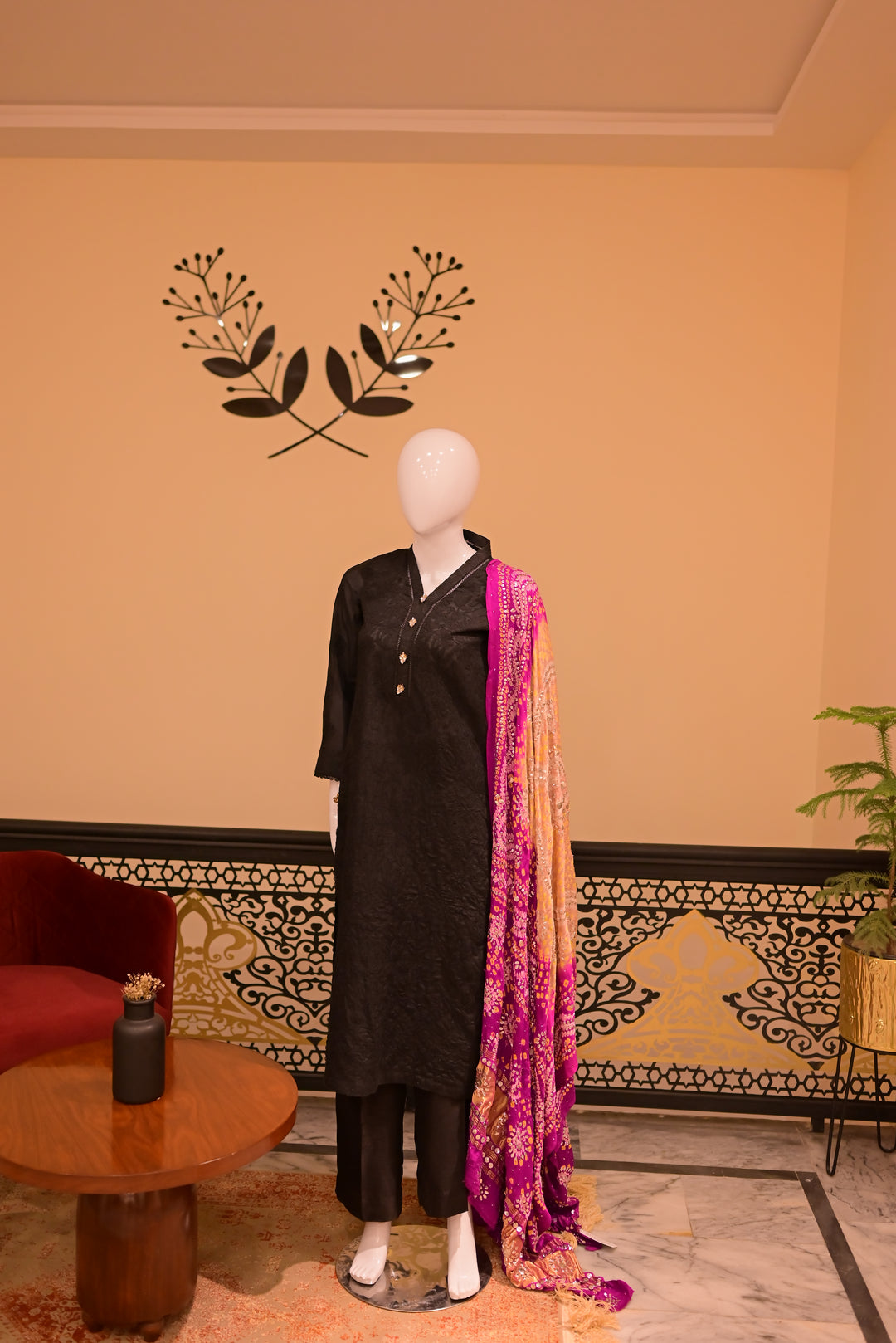 Stitched Chickenkari(Lawn) Kurta-black + Gaji Silk Shawl- Gold & Black