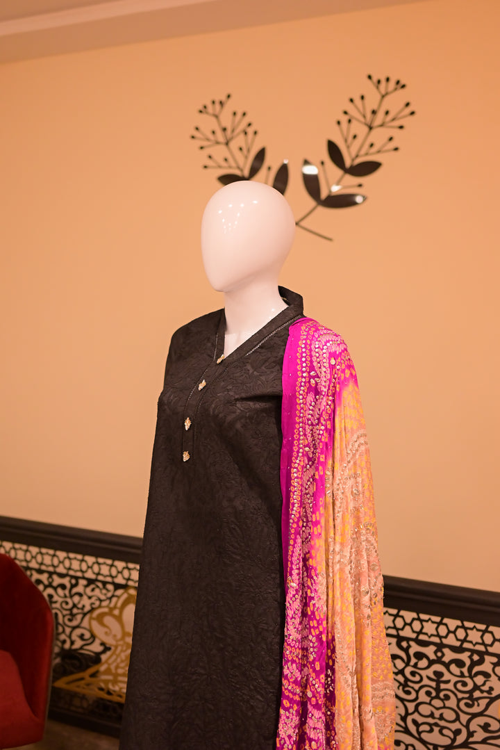 Stitched Chickenkari(Lawn) Kurta-black + Gaji Silk Shawl- Gold & Black