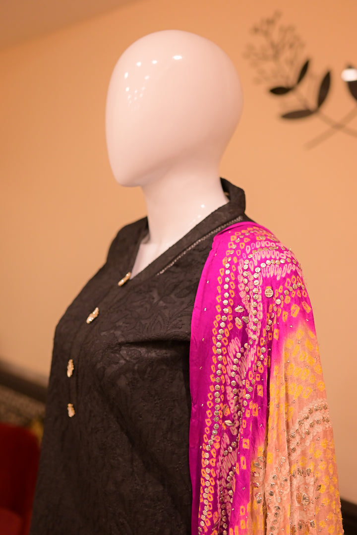 Stitched Chickenkari(Lawn) Kurta-black + Gaji Silk Shawl- Gold & Black