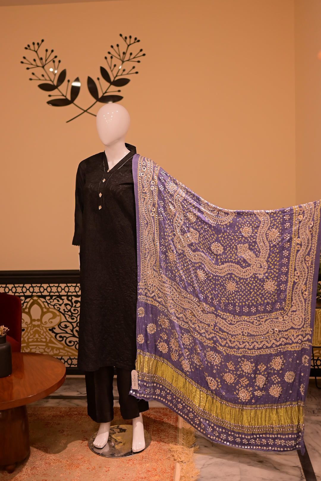 Stitched Chickenkari(Lawn) Kurta-black + Gaji Silk Shawl- Grey