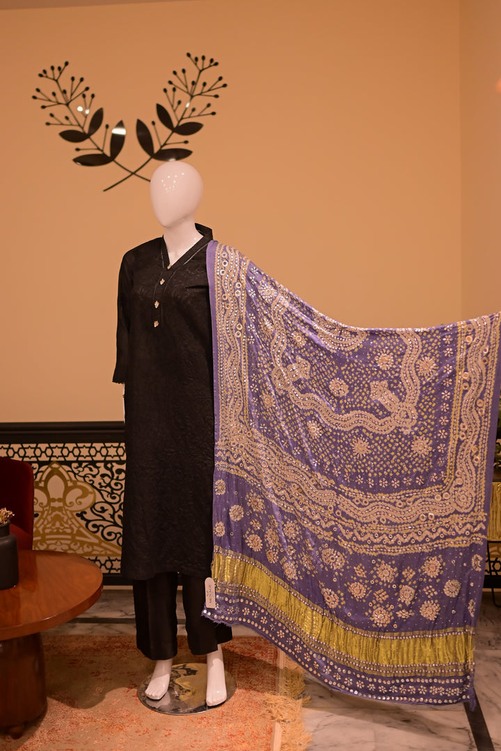 Stitched Chickenkari(Lawn) Kurta-black + Gaji Silk Shawl- Grey