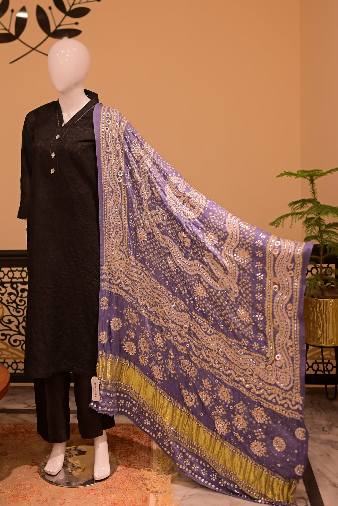 Stitched Chickenkari(Lawn) Kurta-black + Gaji Silk Shawl- Grey