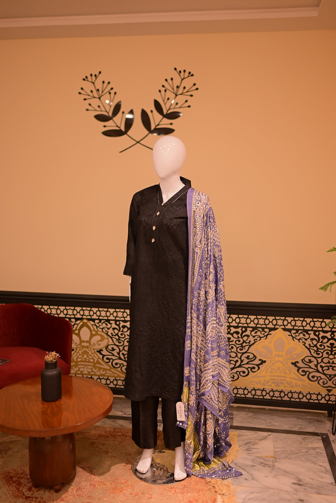 Stitched Chickenkari(Lawn) Kurta-black + Gaji Silk Shawl- Grey