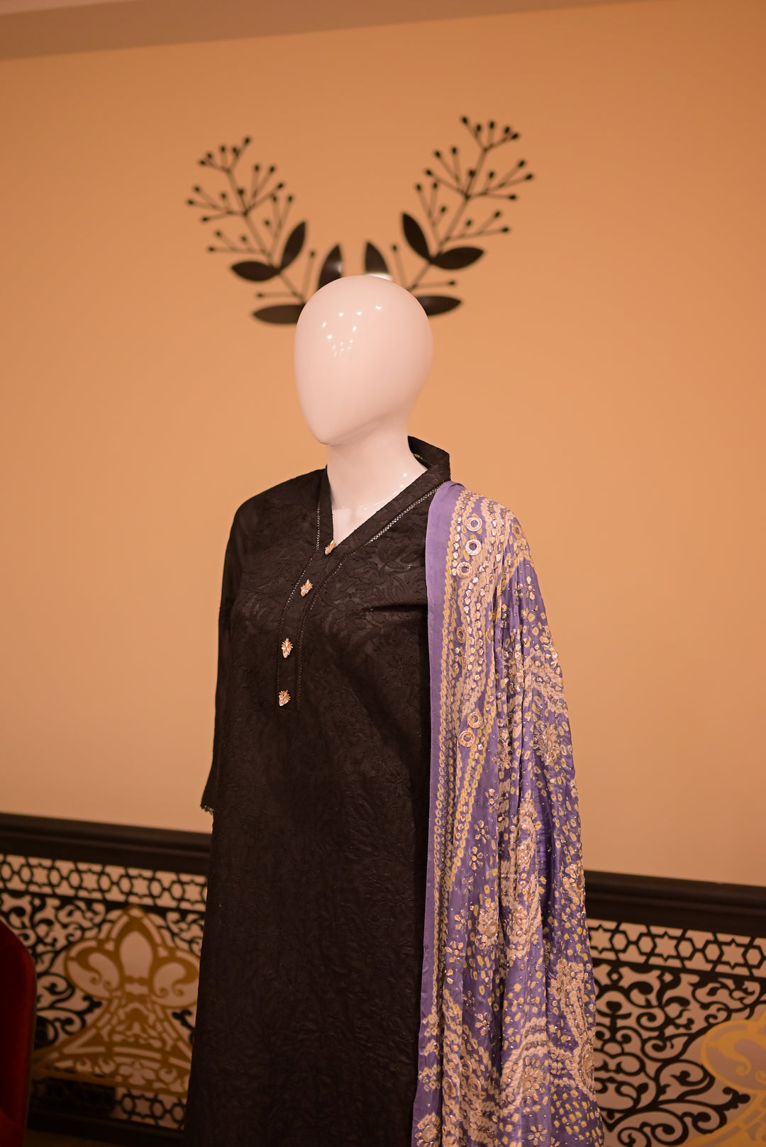Stitched Chickenkari(Lawn) Kurta-black + Gaji Silk Shawl- Grey